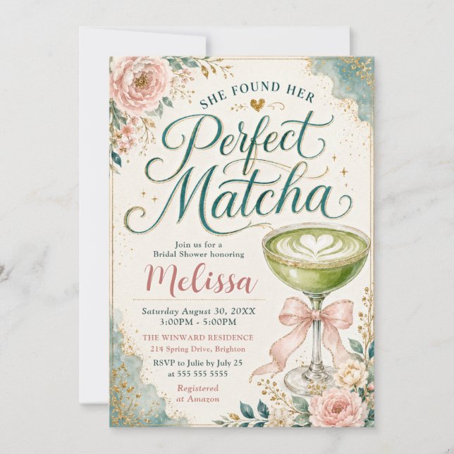 Convites Ela Encontrou Seu Chá de Noiva Temático de Matcha  (Frente)
