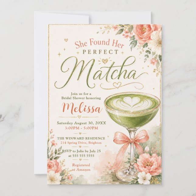 Convites Ela Encontrou Seu Chá de Noiva Temático de Matcha  (Frente)