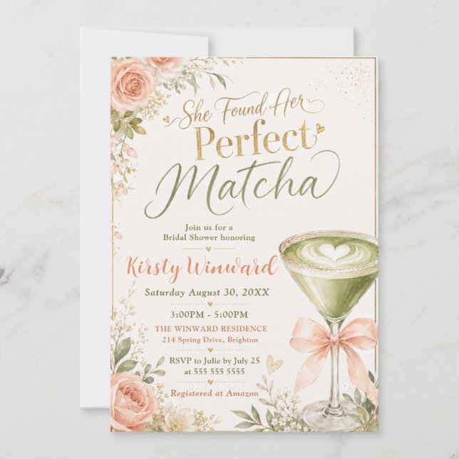 Convites Ela Encontrou Seu Chá de Noiva Temático de Matcha  (Frente)