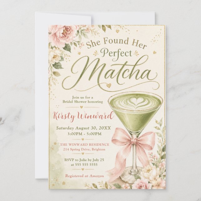 Convites Ela Encontrou Seu Chá de Noiva Temático de Matcha  (Frente)