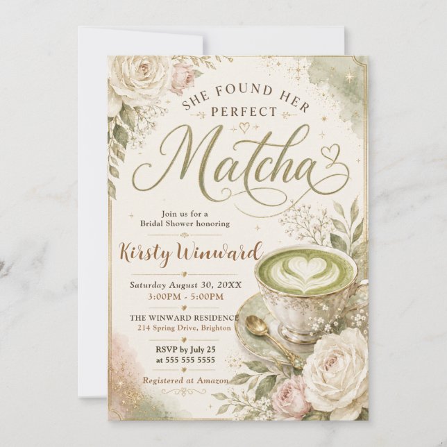 Convites Ela Encontrou Seu Chá de Noiva Temático de Matcha  (Frente)