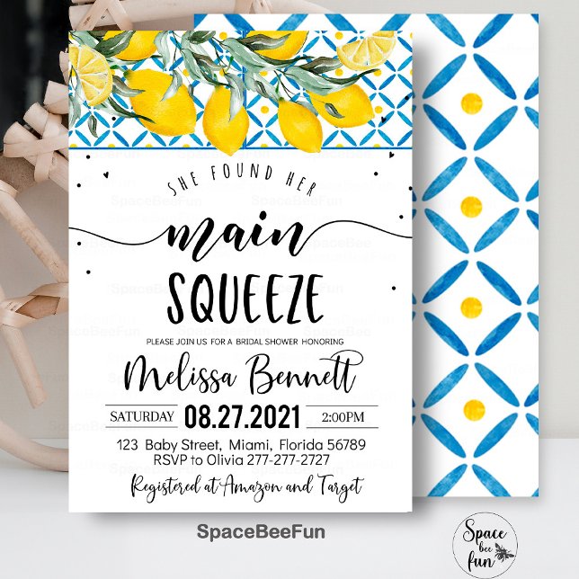 Convites Ela Encontrou Seu Chá de panela De Apertar Princip (She Found Her,Main Squeeze Bridal Shower,Invitation,Mediterranean,Lemon Blue Azulejo,Tiles Lemon,Bri)