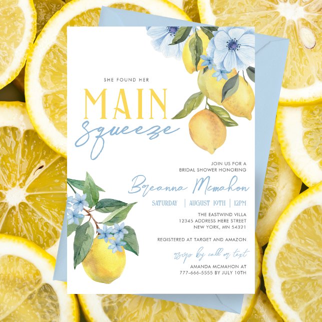 Convites Ela Encontrou Seu Chá de panela De Limão De Aperte (Stunning Watercolor Lemon She Found Her Main Squeeze Bridal Invites. Featuring Blue Floral Flowers)