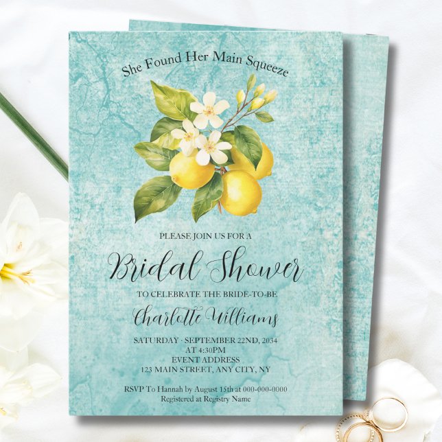 Convites Ela Encontrou Seu Chá de panela De Limão De Aperte (Found Her Main Squeeze Lemon Themed Bridal Shower Invitation
)