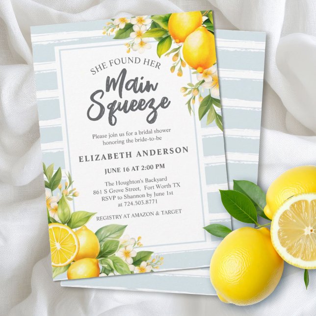 Convites Ela Encontrou Seu Chá de panela De Limão De Aperte (An elegant lemon themed main. squeeze bridal shower invitation.)