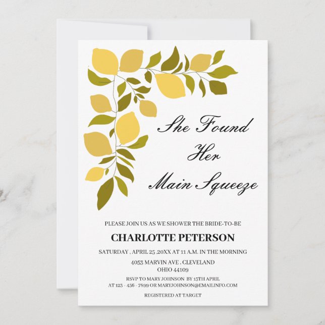 Convites Ela Encontrou Seu Chá de panela De Limão De Aperte (Frente)