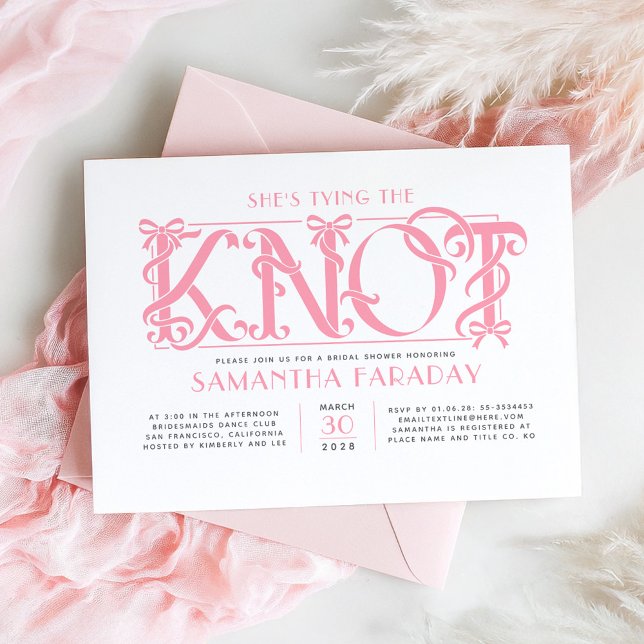 Convites Ela Está Dando o Nó Rosa Arco Bridal Shower (Pink Bow Bridal Shower Invitations She's Tying The Knot)