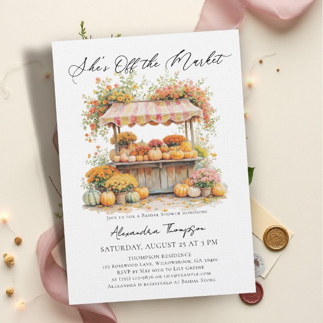 Convites Ela Está Fora do Mercado Pumpkin Fall Chá de Noiva (off the market bridal shower invitation fall autumn harvest pumpkin floral watercolor calligraphy)