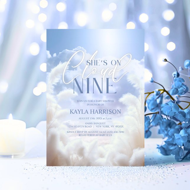 Convites Ela está no Chá de fraldas Nine 9 Pampas (She's On Cloud Nine 9 Pampas Baby Shower Invitation)