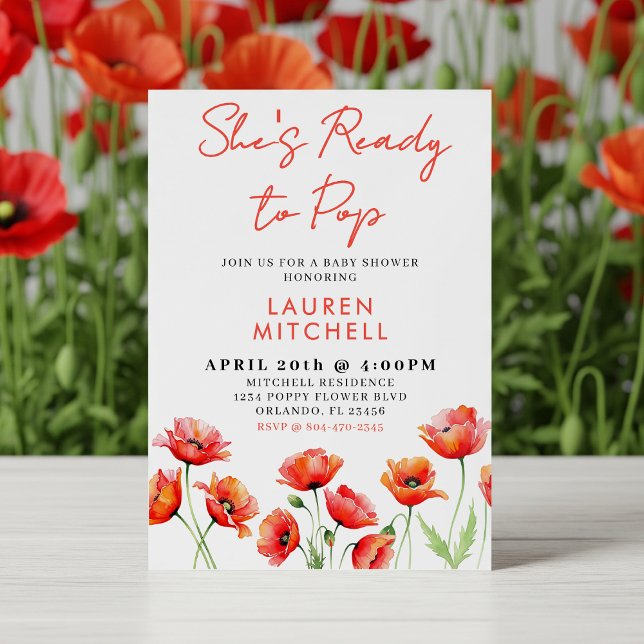 Convites Ela está pronta para o Chá de fraldas de Primavera (She's Ready to Pop Poppy Flower Floral Spring Baby Shower Invitation)
