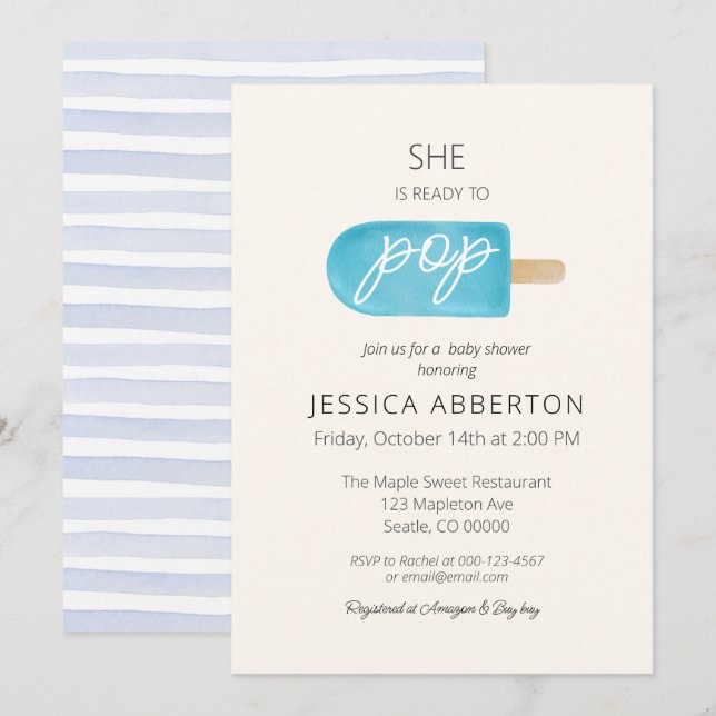 Convites Ela está pronta para Pop de Chá de fraldas (Frente/Verso)