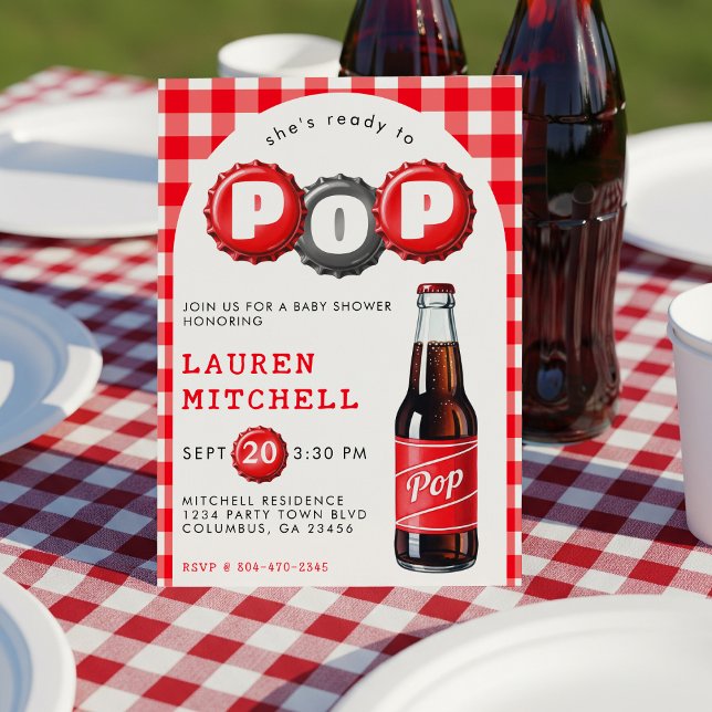 Convites Ela está pronta para Pop de Xadrez de refrigerante (She's Ready To Pop Soda Plaid Red Baby Shower Invitation
)