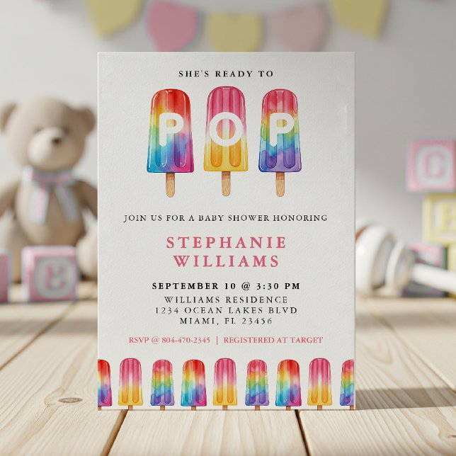 Convites Ela está pronta para Pop picolé Chá de fraldas de  (She's Ready To Pop Popsicle Summer Baby Shower Invitation
)
