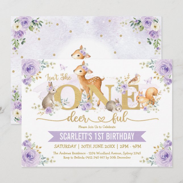 Convites Ela não é um primeiro aniversario Lilac Woodland d (Frente/Verso)