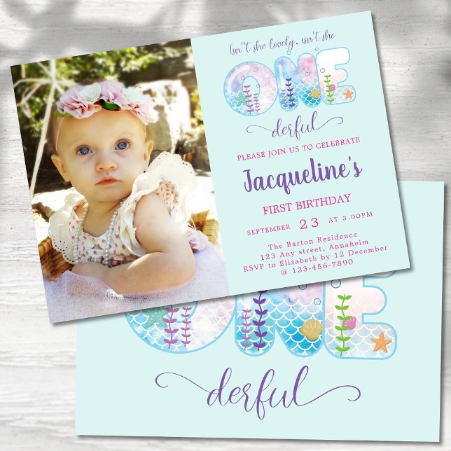 Convites Ela não é uma primeiro aniversario de garotas mara (Girls pretty first birthday party  invitations. Little miss onederful under the sea. Pale blue. )