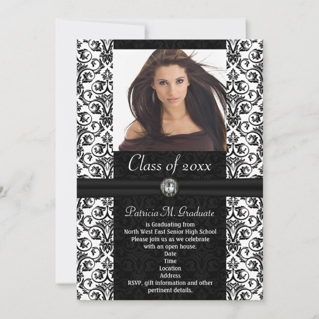 Convites Elaboração de Graduação White|Black Damask (Frente)