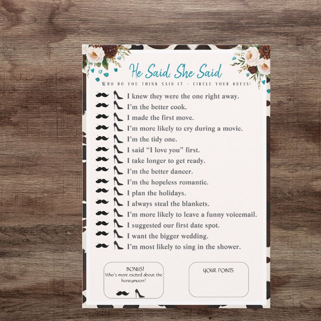 Convites Ele Disse Que Ela Disse Chá de panela Jogo De Boho (He Said, She Said Bridal shower boho Game)
