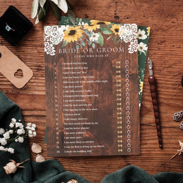 Convites Ele Disse Que Ela Disse Que O Lace De Girassol Flo (He Said She Said Yellow Floral Sunflower Lace Game Invitation)