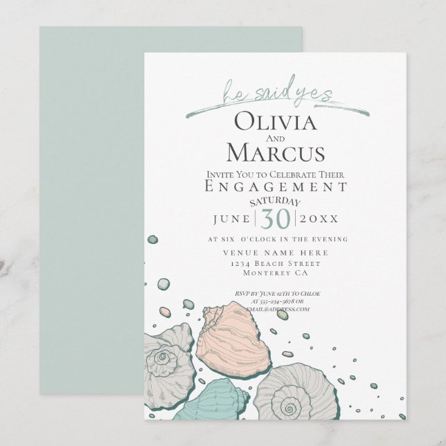 Convites Ele Disse Sim Noivado de Seashell Teal (Frente/Verso)