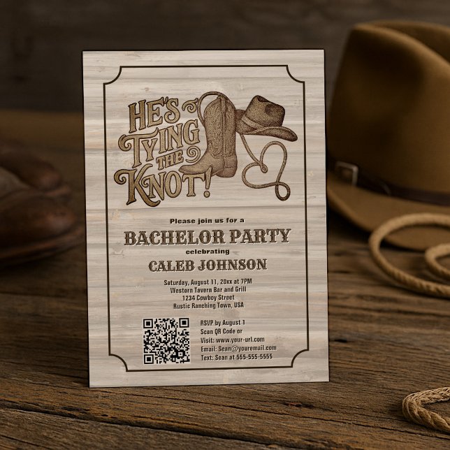 Convites Ele é o Casando Cowboy Bachelor Party QR Code (Criador carregado)