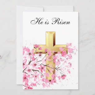 Convites Ele é Risen Watercolor Páscoa Pink Blossom Cross