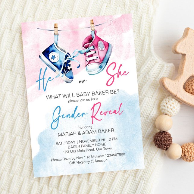 Convites Ele é rosa e o gênero azul revela modelo (He or she pink and blue baby shoes gender reveal party editable template invitation digital download)