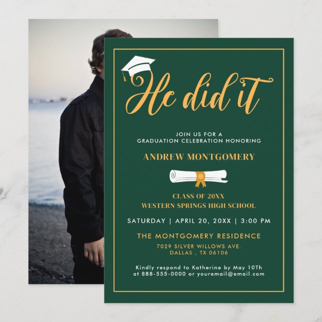 Convites Ele Formando O Boné Tassel Green Graduation Foto I (Frente/Verso)