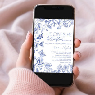 Convites Ele Me Dá Borboletas Chá de panela Azul De Vintage