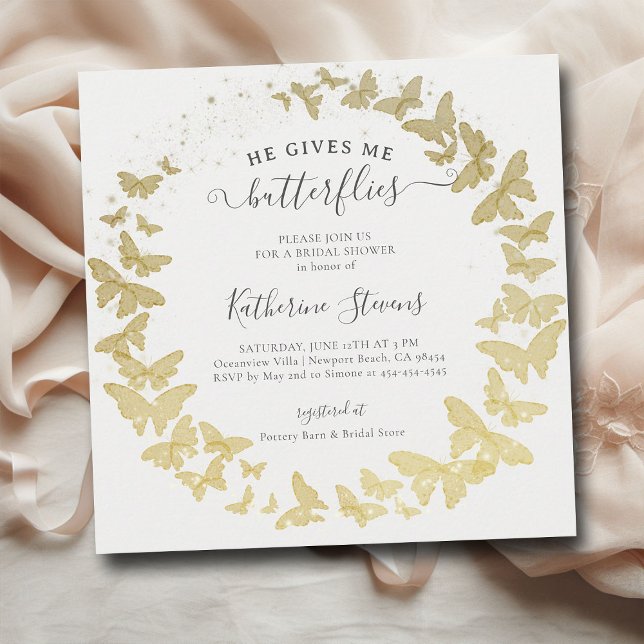 Convites Ele Me Dá Borboletas Chá de panela Dourado moderno (he gives me butterflies bridal shower invitation gold foil butterfly garden whimsical elegant modern)