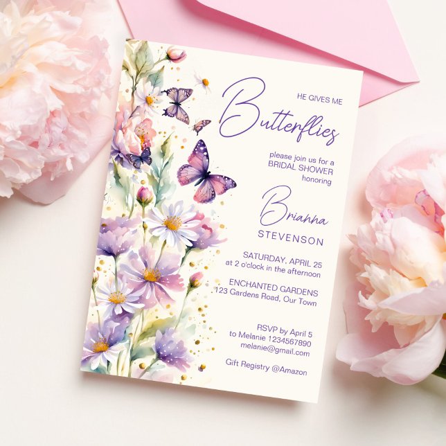 Convites Ele me dá borboletas chá de panela encantadas (He gives me butterflies enchanted garden purple lavender flowers bridal shower invitation template)