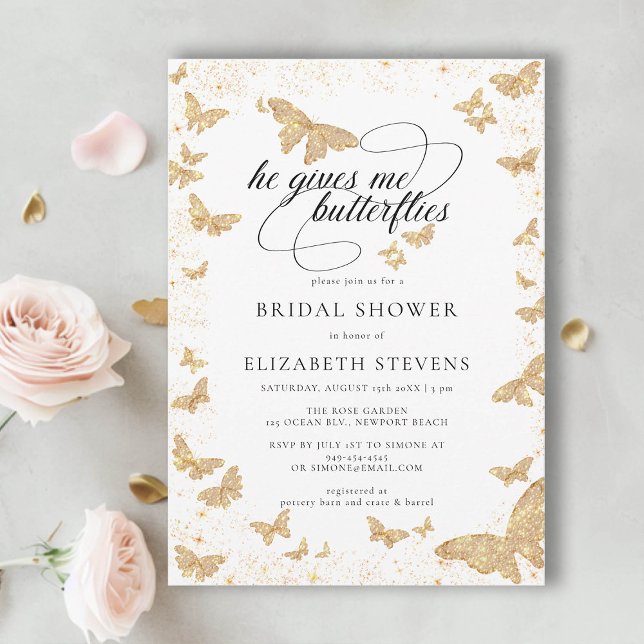Convites Ele Me Dá Borboletas Chá de panela Romântico (he gives her butterflies bridal shower theme invite gold romantic calligraphy elegant boho chic)