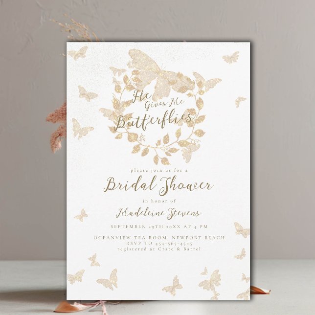 Convites Ele Me Dá Borboletas Douradas Chá de panela De Fer (he gives me butterflies gold eucalyptus garden bridal shower invitation romantic elegant boho chic)