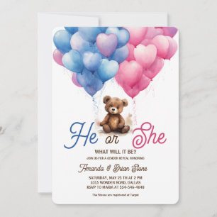 Convites Ele ou Ela Balões Rosa e Azul Urso Revelação de Gê