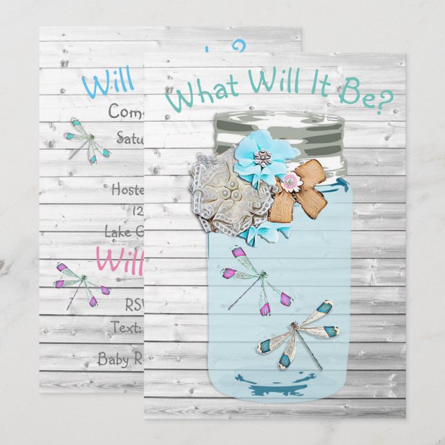 Convites Ele ou Ela, Chá de fraldas Gênero Revela Dragonfly (Frente/Verso)