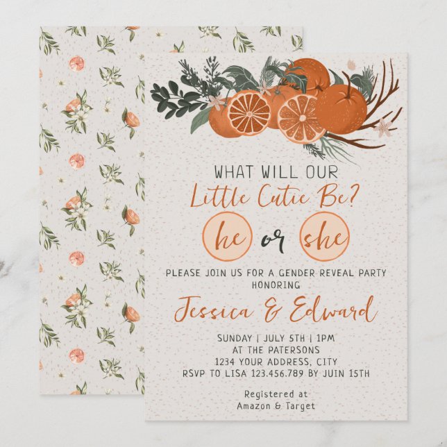 Convites Ele ou Ela Pequena Revelação de Gênero Citrus Oran (Frente/Verso)