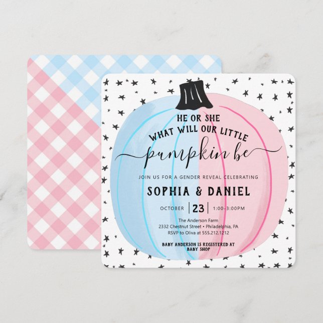 Convites Ele ou Ela Pequeno Sexo De Abóbora Revela Hallowee (Frente/Verso)