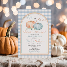 Convites Ele ou Ela Pumpkin Blue Gingham Arch Gender Revend
