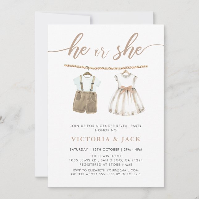 Convites Ele ou ela revela sexo neutro de roupas de bebês (Frente)
