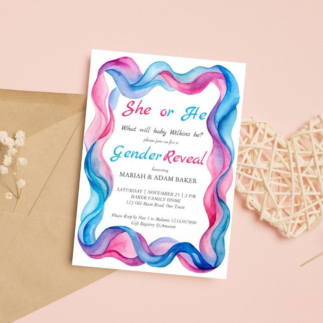 Convites Ele ou ela, rosa e azul, o gênero de fita azul (He or she pink and blue wavy ribbon gender reveal invitation template instant download boy or girl)