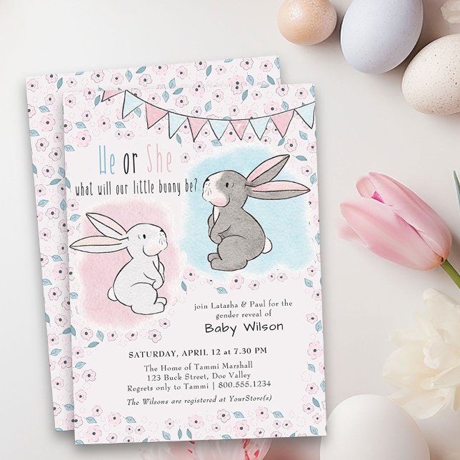 Convites Ele ou ela rosa e azul pequeno gênero coelho revel (He or She Gender Reveal Invitation with little bunnies - pink or blue and perfect for easter)