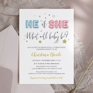 Convites Ele ou Ela rosa e Chá de fraldas de Balões de Folh