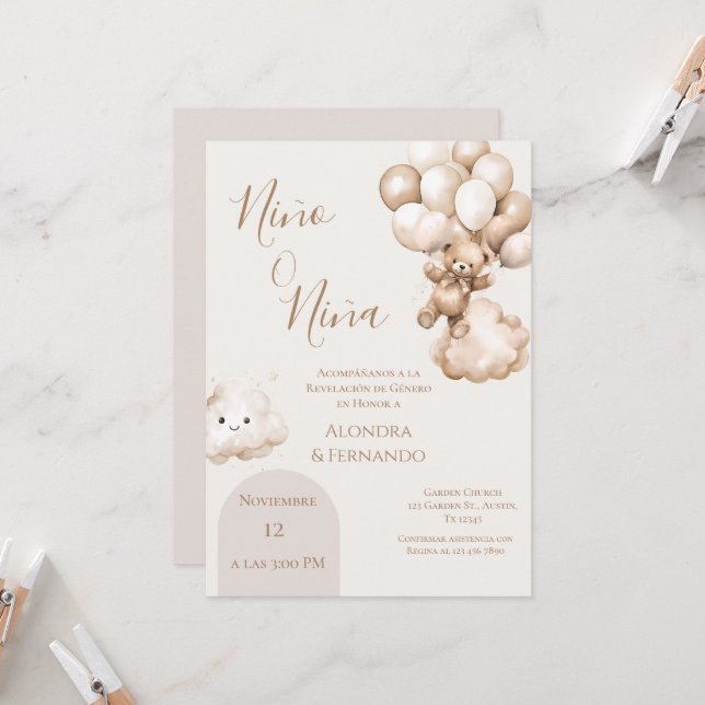 Convites Ele ou Ela Teddy Bear com Balões Sexo Revelação I (Frente/Verso In Situ)