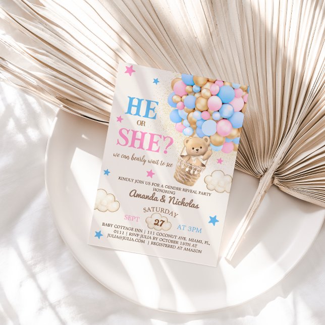 Convites Ele ou Ela Teddy Bear Hot Air Balloon (Criador carregado)