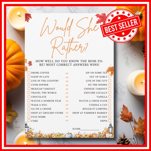 Convites ELE VAI PREFERIR Jogo para Chá de Bebê PEqueno ABÓ (WOULD SHE RATHER Easy Baby Shower Game A Little Pumpkin is on the Way Fall Autumn Theme)