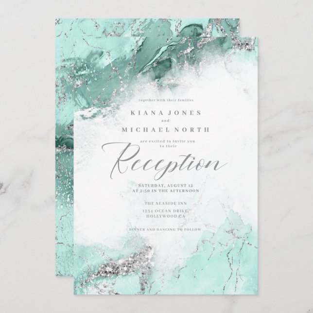 Convites Eleanor Rogers Marble Glitter Reception Teal ID644 (Frente/Verso)