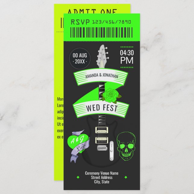 Convites Electric Lime Rock ’n’ Roll Wedding Ticket (Frente/Verso)