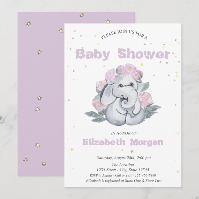Convites Elefante Adorável, Estrelas Flores Chá de Bebê (Frente/Verso)