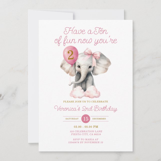 Convites Elefante Agora Seu segundo aniversário Balão Arco (Frente)