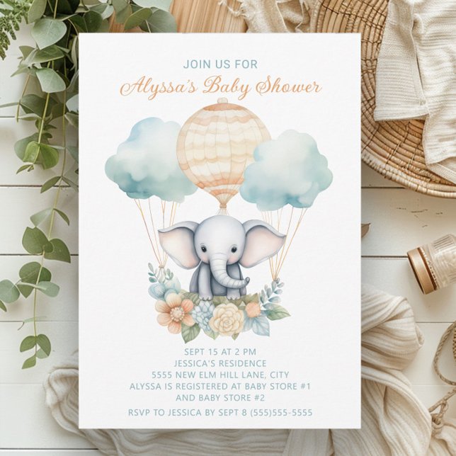 Convites Elefante Ar Quente Balão Azul Pêssego (Baby elephant and balloons baby boy shower invitation)