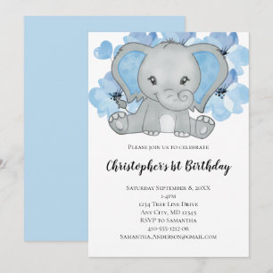 Convites Elefante Azul Bebê Menino Flores Balões Aniversári
